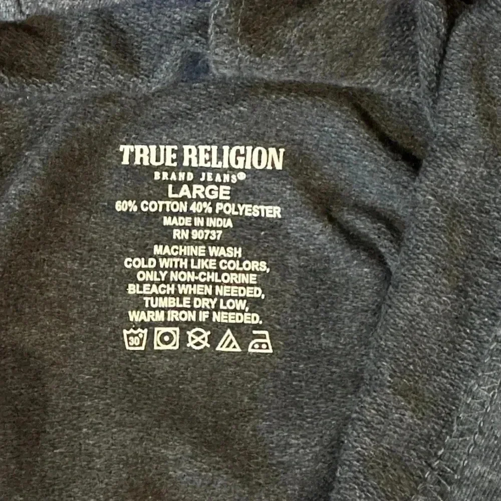 NWT True Religion Navy Blue Pullover Hoodie. Print On Back Horseshoe‎ Logo Front